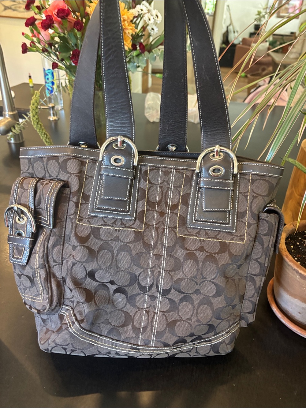 Vintage Coach Brown Signature Canvas Tote with Dark Leather Trim